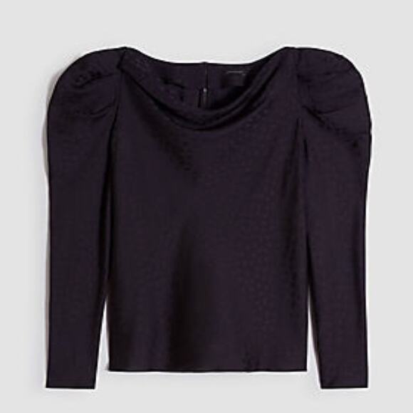 ANN TAYLOR Spotted Puff Shoulder Satin Cowl Neck Top In black Size Medium‎ NWT - Picture 2 of 12